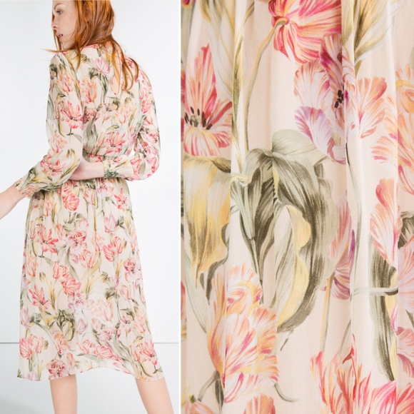 Zara Floral Tulip Printed Chiffon Dress in Pink ASO Queen Letizia - Picture 7 of 8